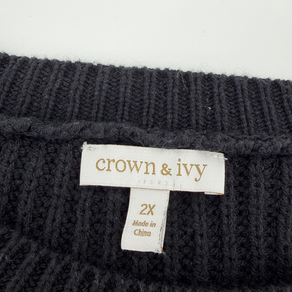 Crown & Ivy Womens 2X Black Sweater White Embroidered Heart Shaker Knit Pullover - Picture 3 of 6
